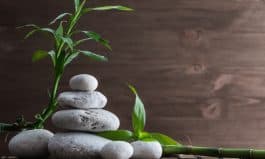 Zen balance stones and bamboo plant on the straw mat