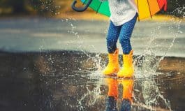 Feet of child in yellow rubber boots jumping over puddle in rain