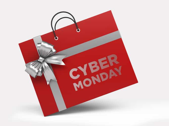 Cyber Monday Shopping Concept: Red Shopping Bag Isolated On White Background