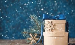 Beautiful holiday decorated background with christmas gift boxes ,fir. christmas holiday concept